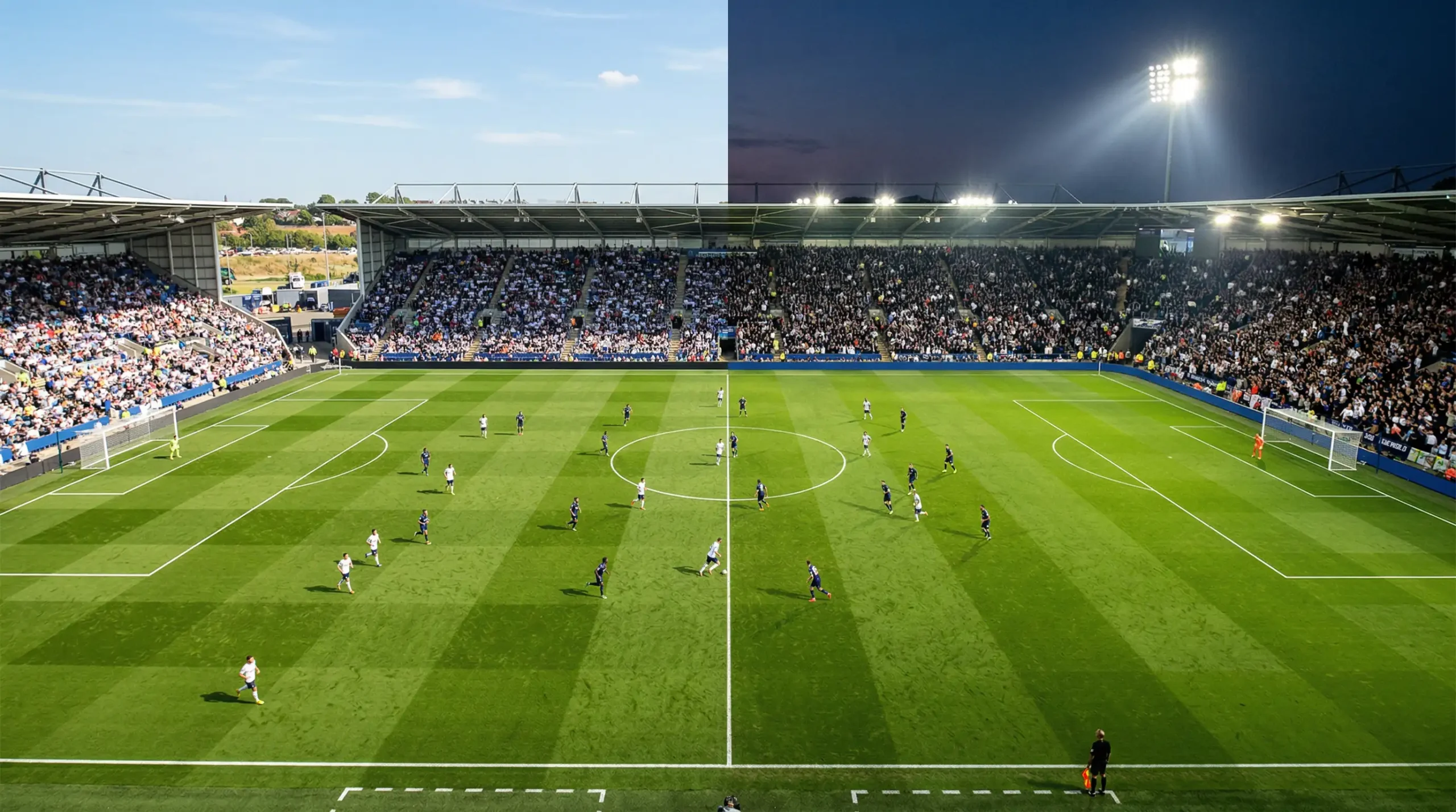 Halftime fulltime wedden - klok en voetbalveld gesplitst in twee helften