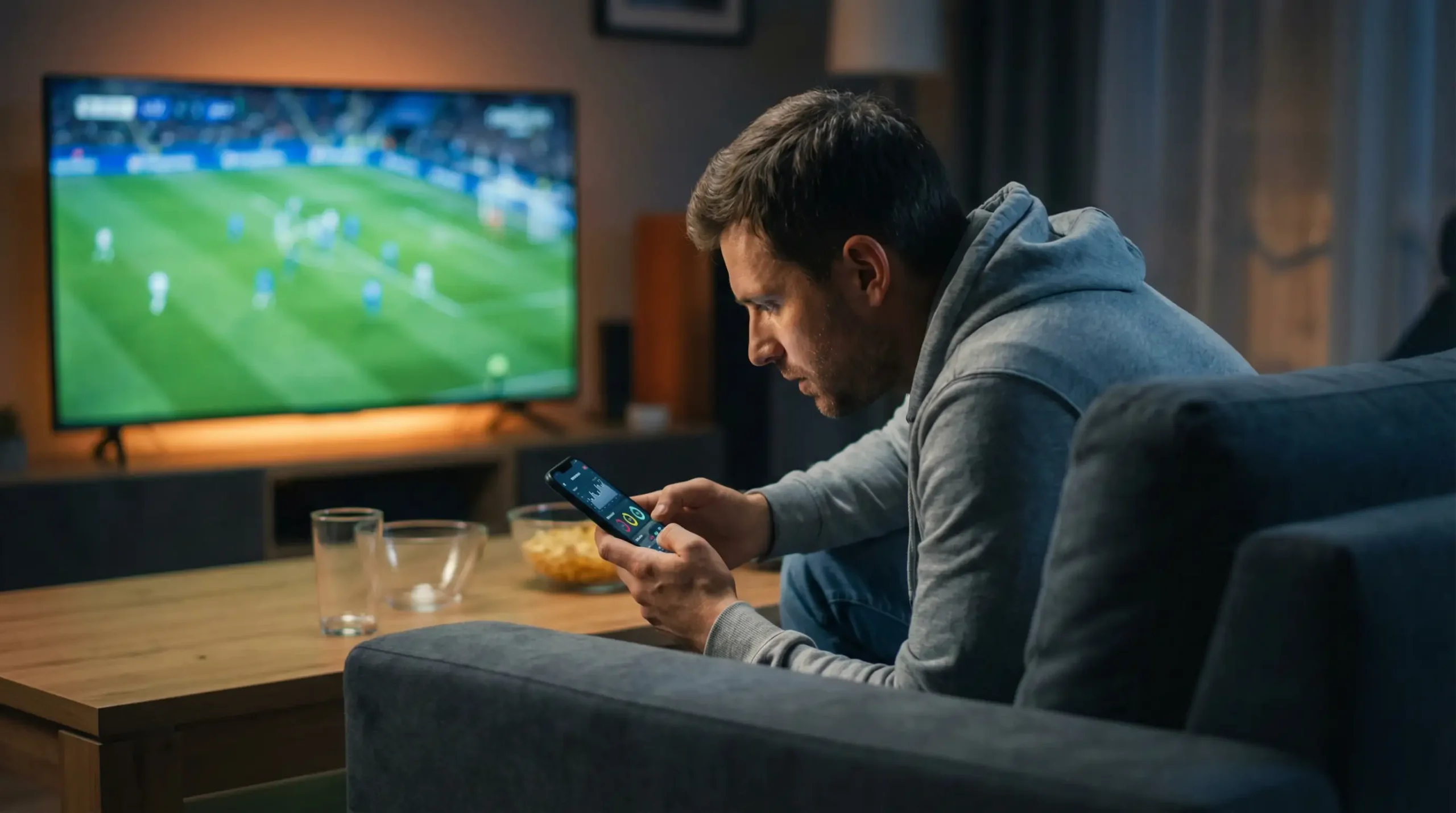 Live wedden op voetbal - supporter met smartphone tijdens wedstrijd